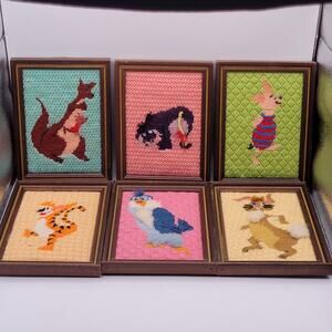 Vintage Winnie the Pooh Framed Needlepoint Set Of 6 Nursery Art